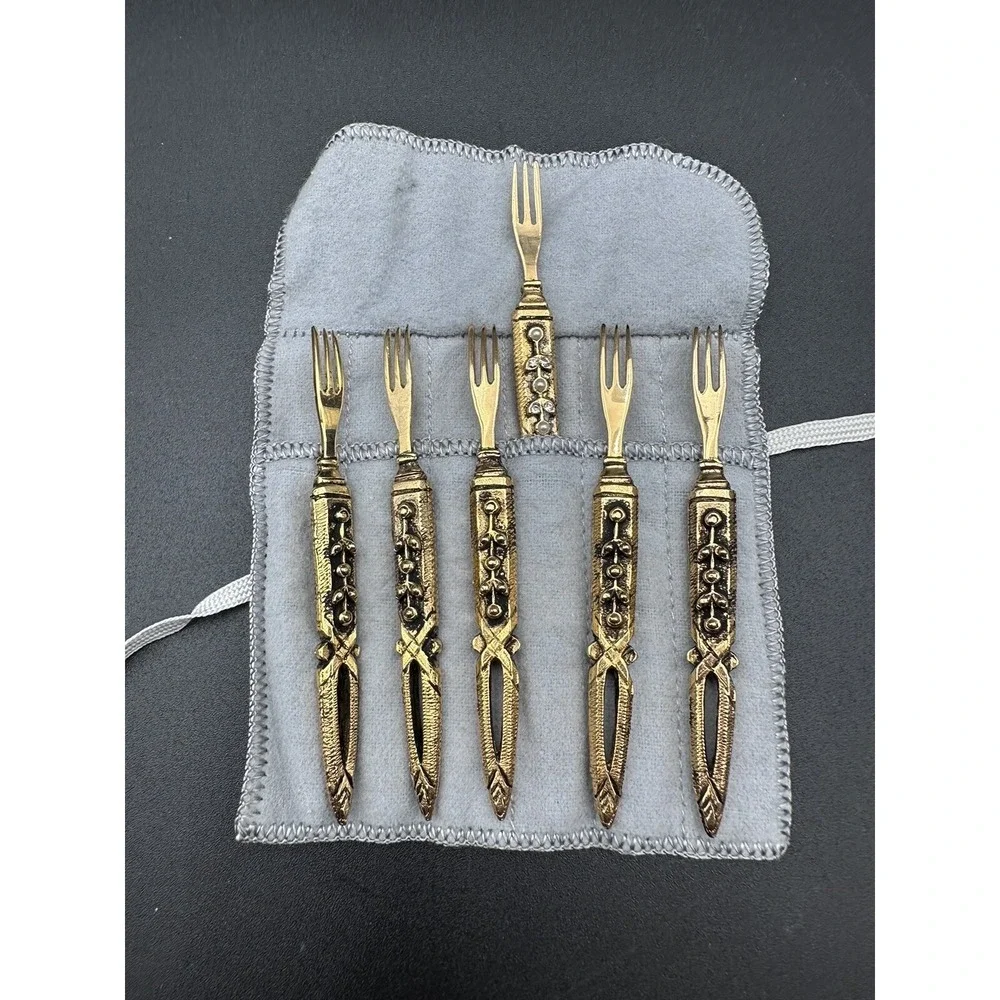 Set of 6 Demitasse Hors D'oeuvre Appetizer Forks‎ w/ Cloth Jacket ~ Gold